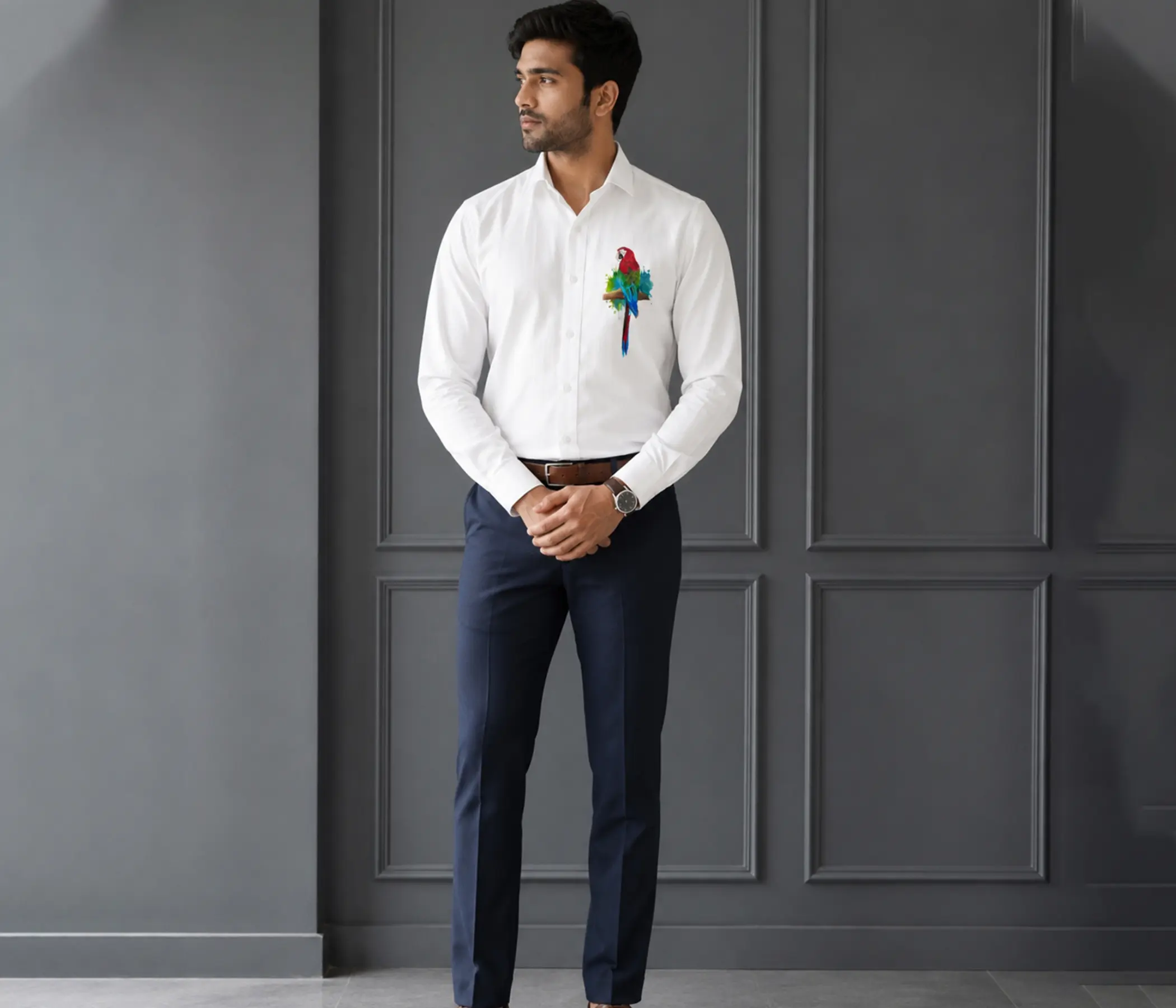 Mens Collection – Pure White Hand-Painted Macaw Shirt for Perfect Mens Wear